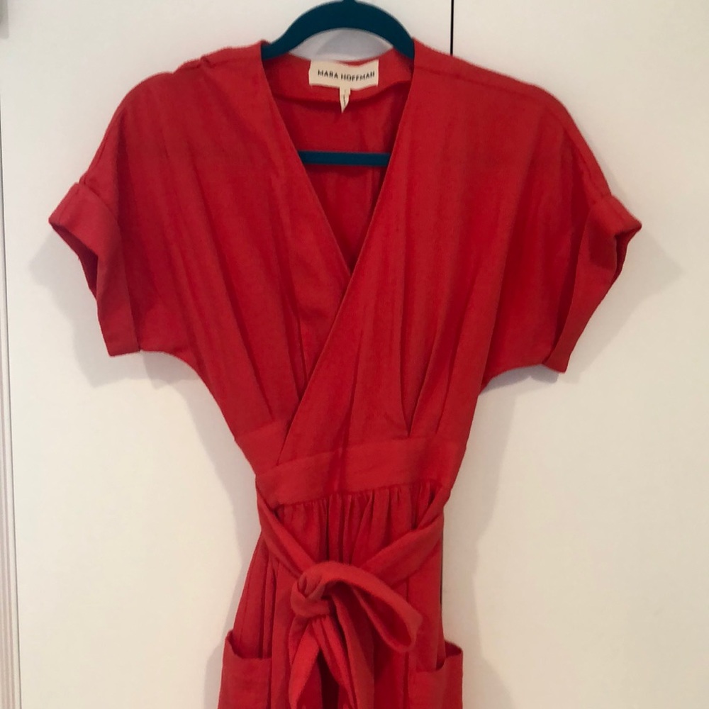 Mara hoffman red wrap dress with pockets Small